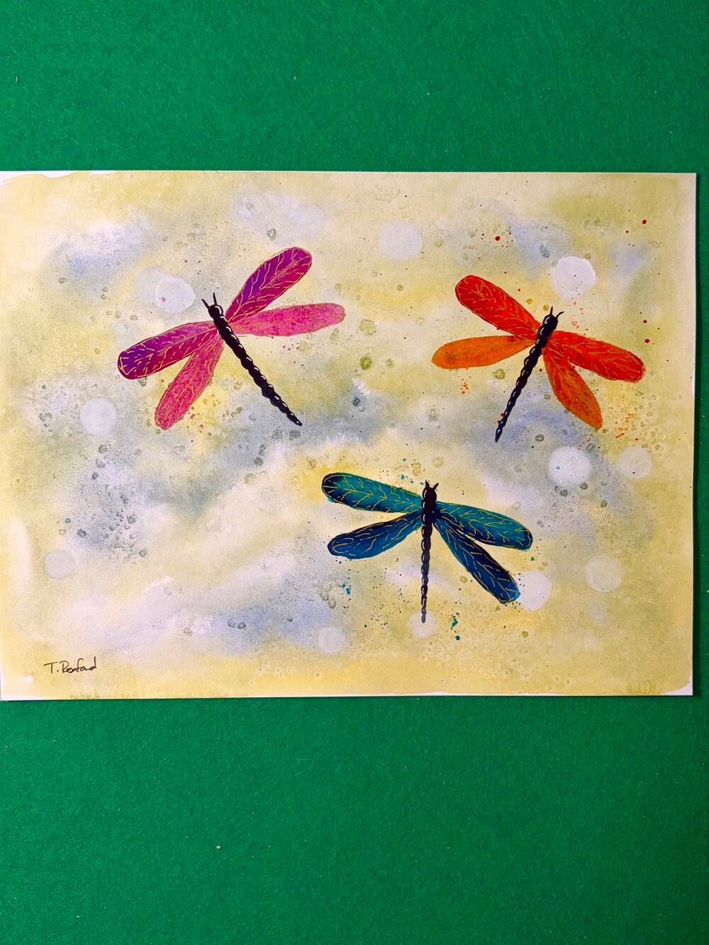 Hand painted watercolor original painting pink orange green dragonflies gold